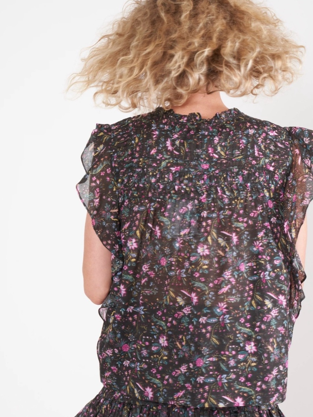 Isabel Marant Etoile Layona ruffle sleeve top- Black floral print cotton - Picture 2 of 11